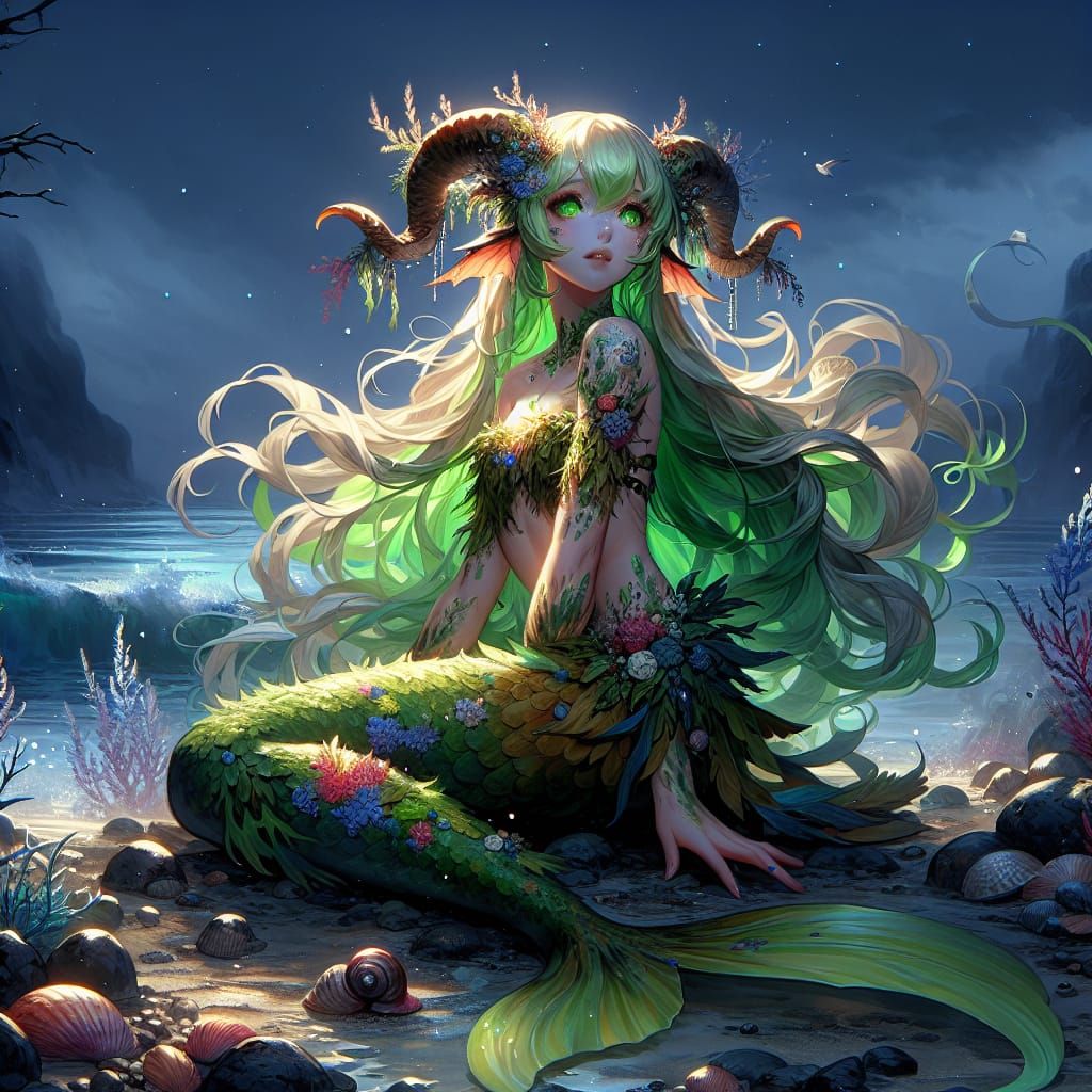 Anime Satyr Mermaid in Mystical Moonlight Scene