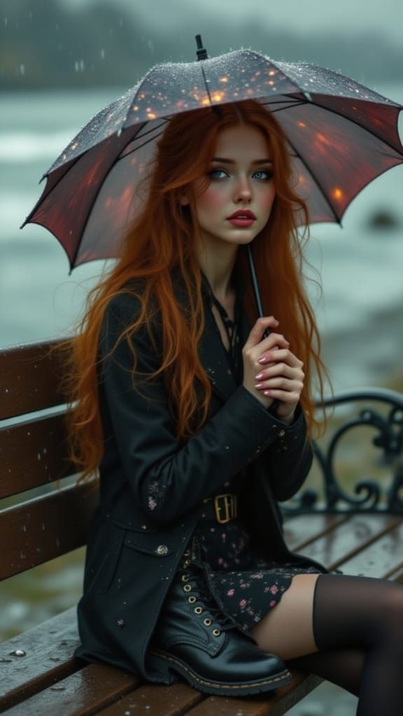 Pre-Raphaelite Woman Crying in the Rain by the Sea