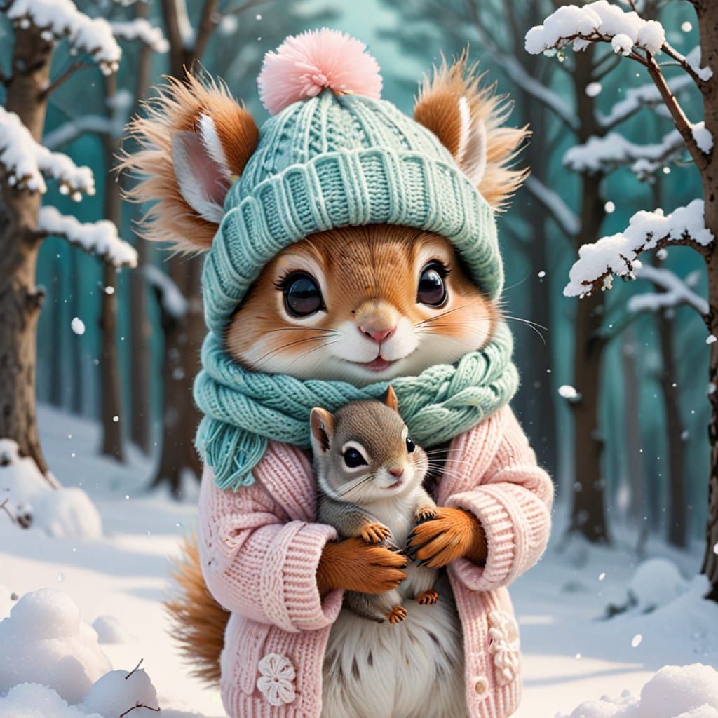 Chibi Winter Squirrel Duo in Soft Pastel Hues