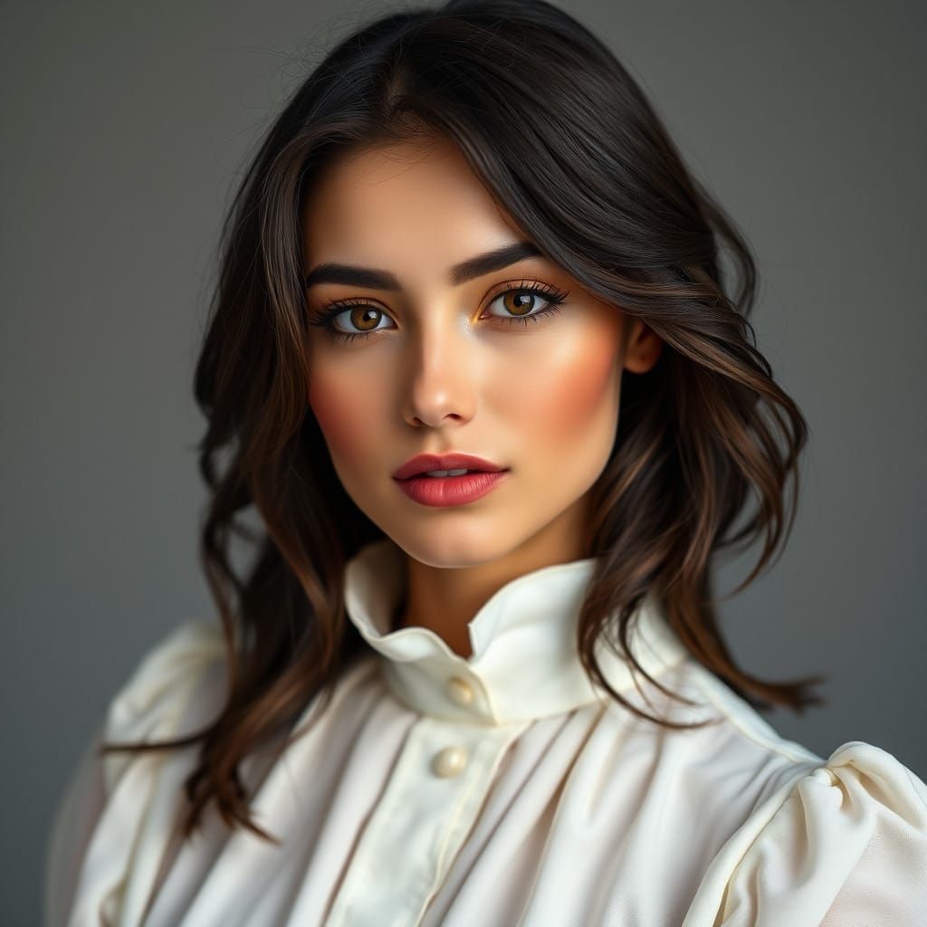 Stunning Young Woman in Elegant White Blouse with Dark Hair