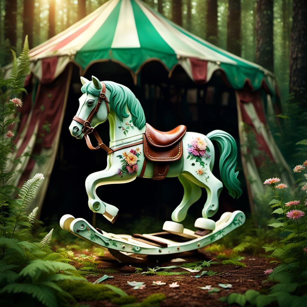 Dreamlike Rocking Horse Amidst Forest Carnival