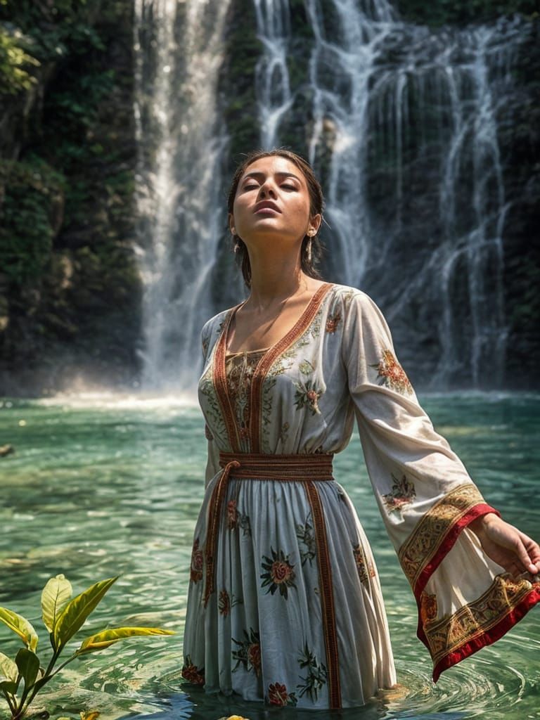Palestinian Woman Portrait Under Waterfall in Sunlight