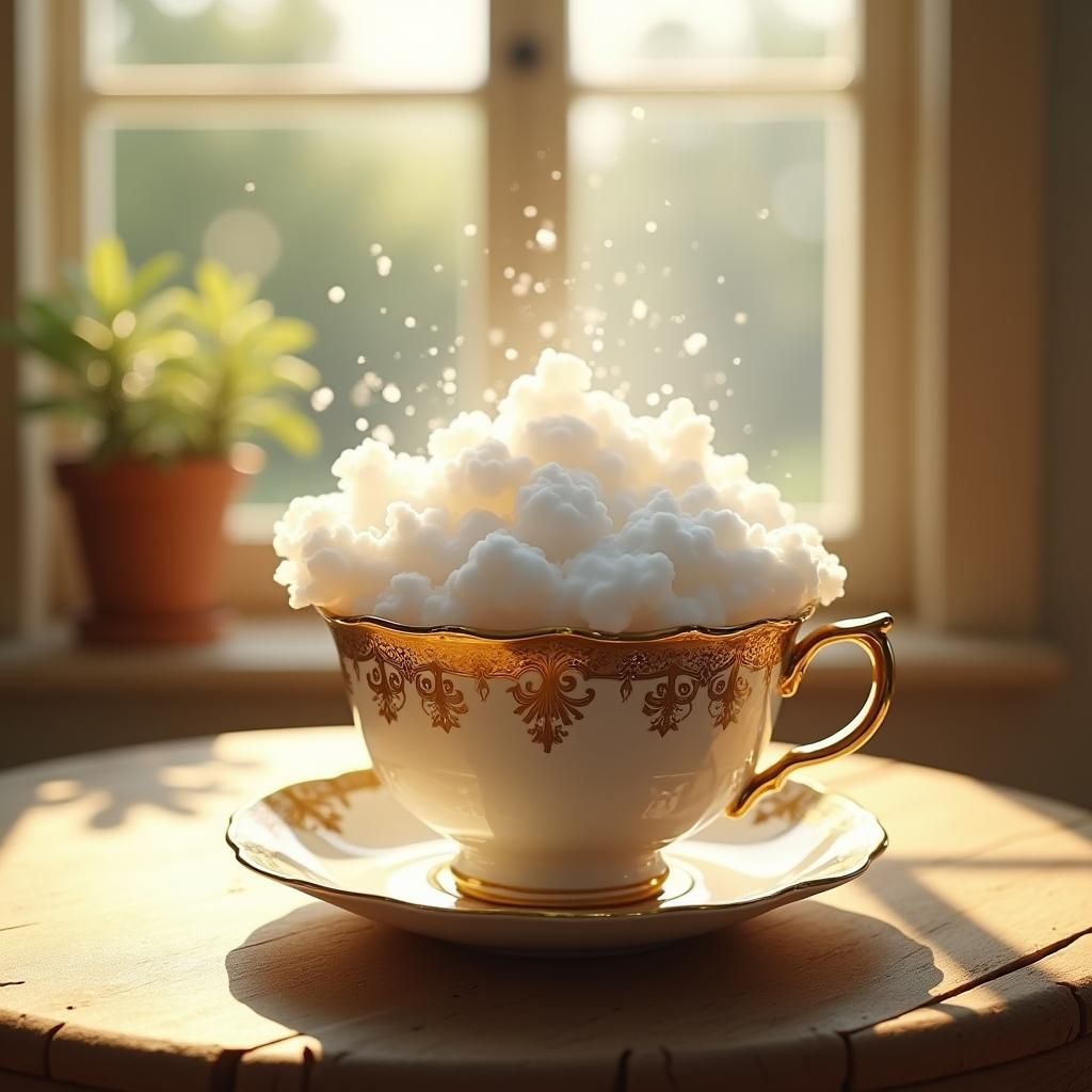 Teacup Overflowing with Glossy Clouds in Sunny Morning