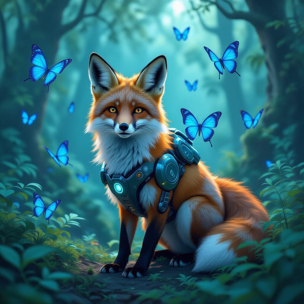 Robotic Fox in Mystical Forest with Butterflies