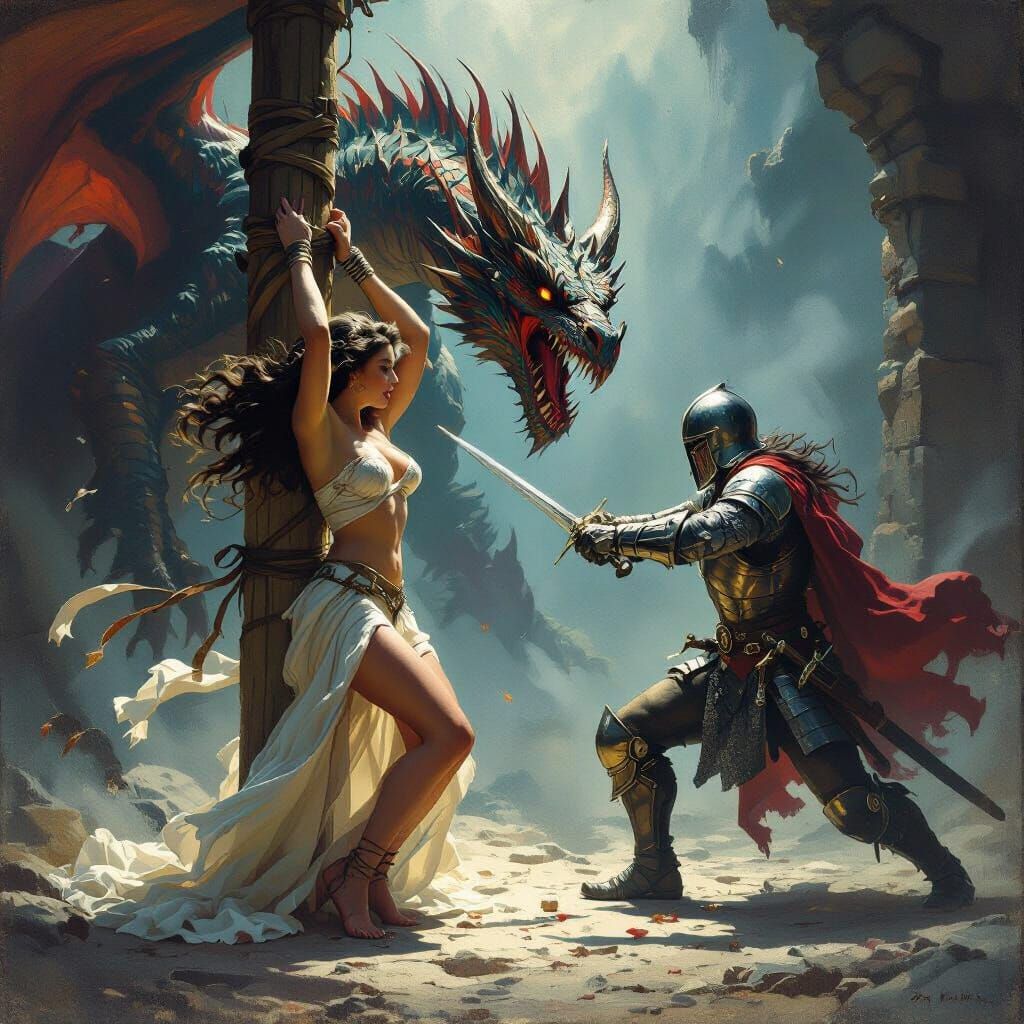 Knight Battles Dragon Rescuing Bound Damsel in Cinematic Sty...