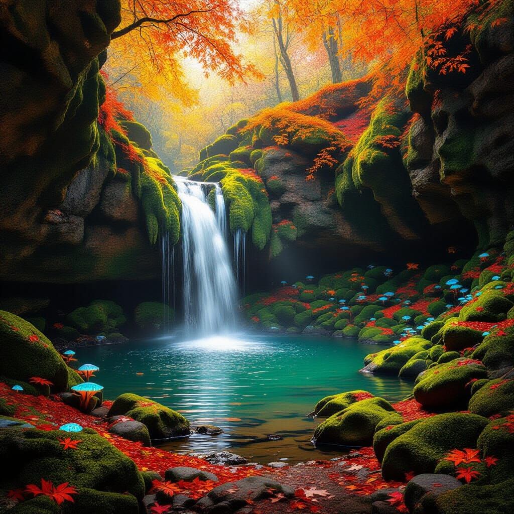 Mystical Autumn Grotto with Waterfall and Glowing Fungi