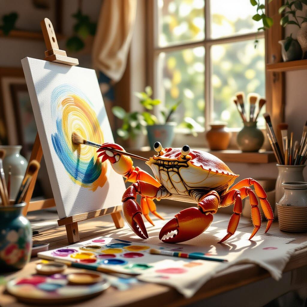 Crab Artist Painting in Sunlit Studio