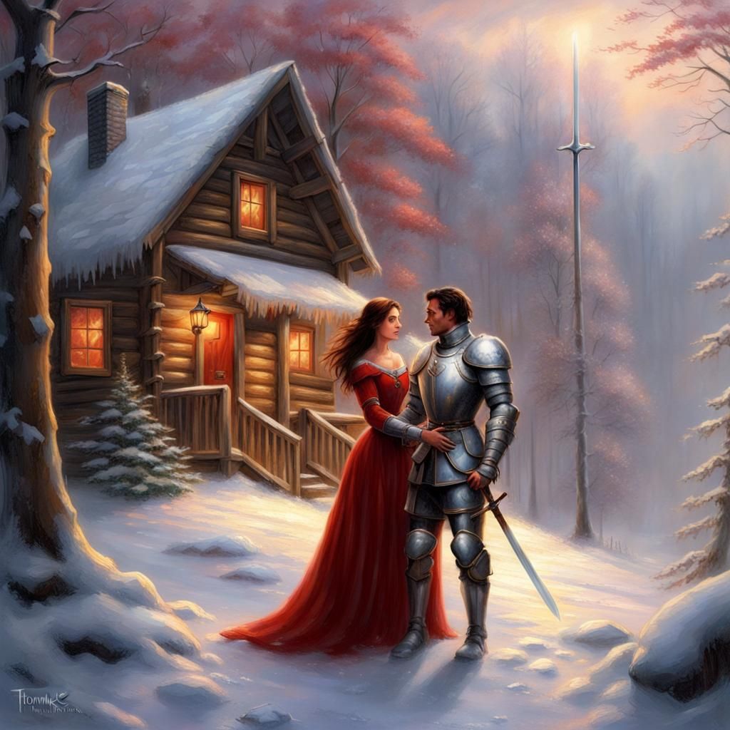 Ethereal Knight and Woman in Snowy Woods
