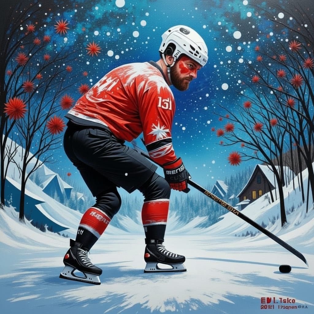 Whimsical Ice Hockey Player on Shimmering Ice