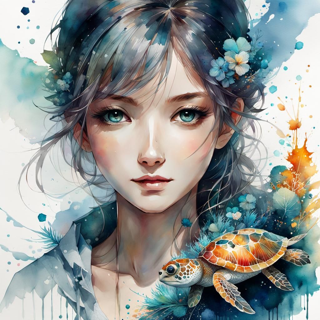 Cute Sea Turtle: Watercolor Manga Illustration