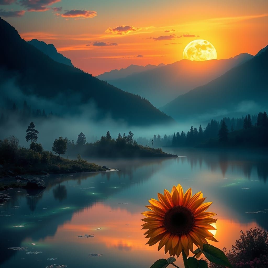 Bioluminescent Sunflower Landscape at Sunset: Digital Art