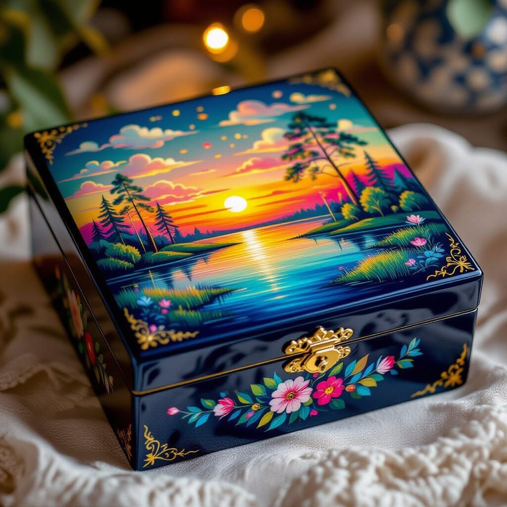 Lacquered Box with Vibrant Zhostovo Art