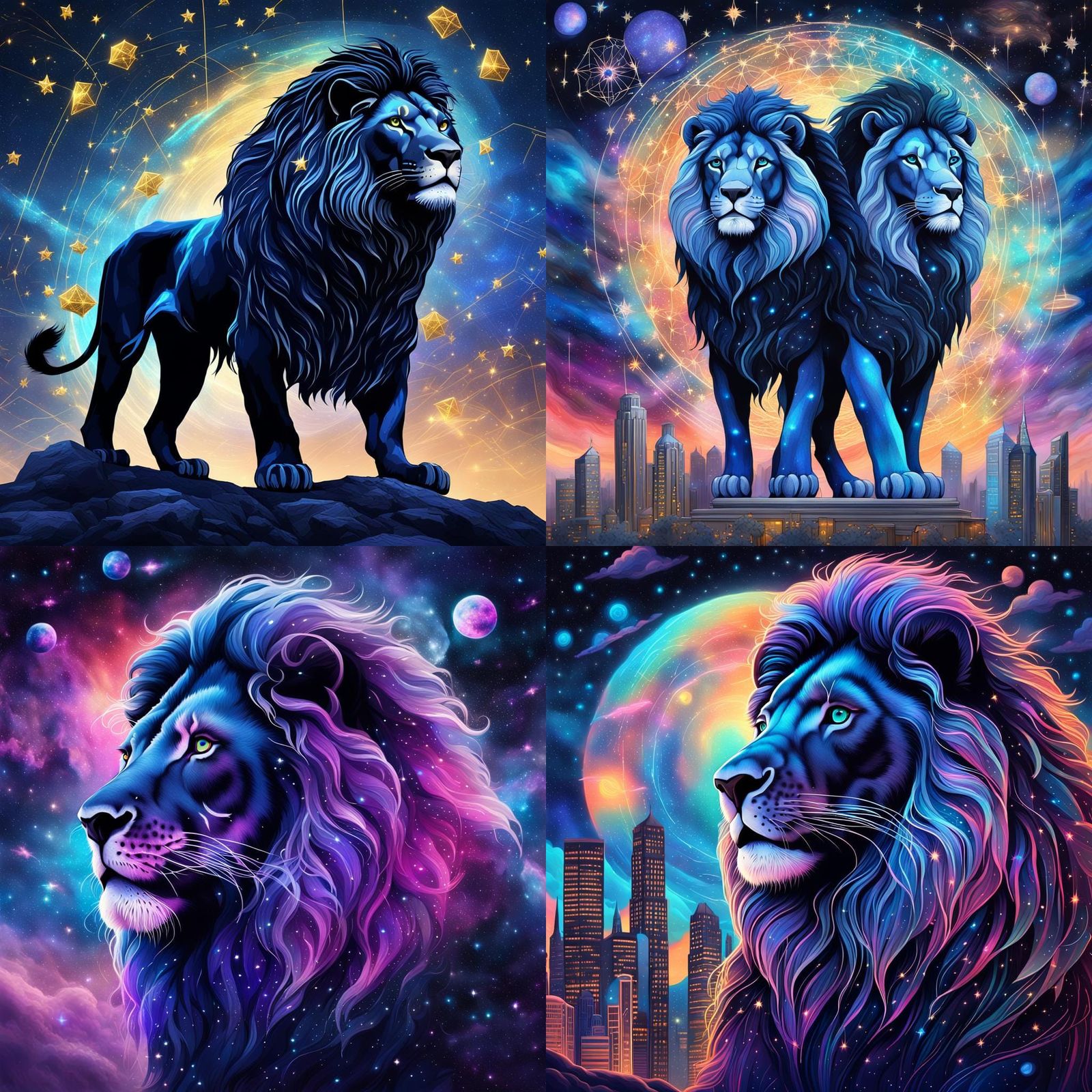 Constellation Lions in Cosmic Cityscape