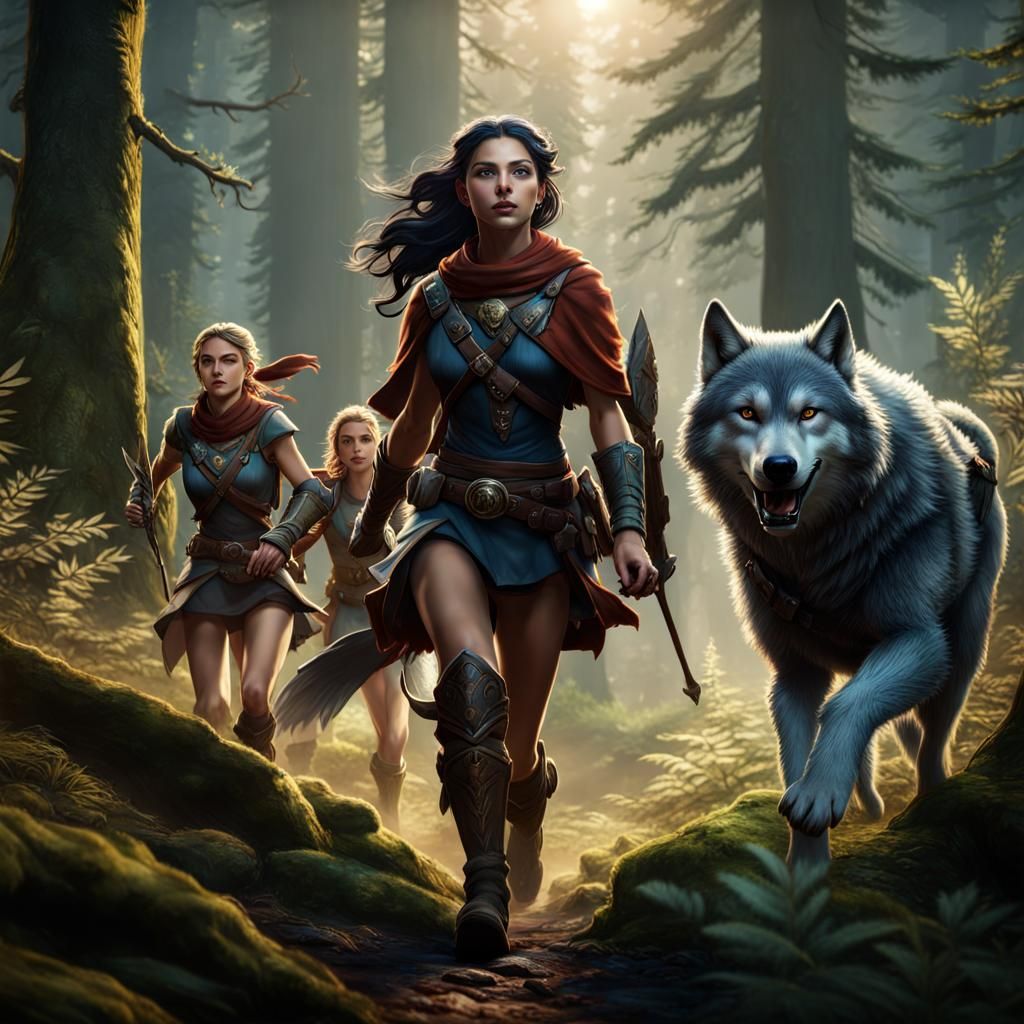 Girl Ranger Running with Wolves: Fantasy Concept Art