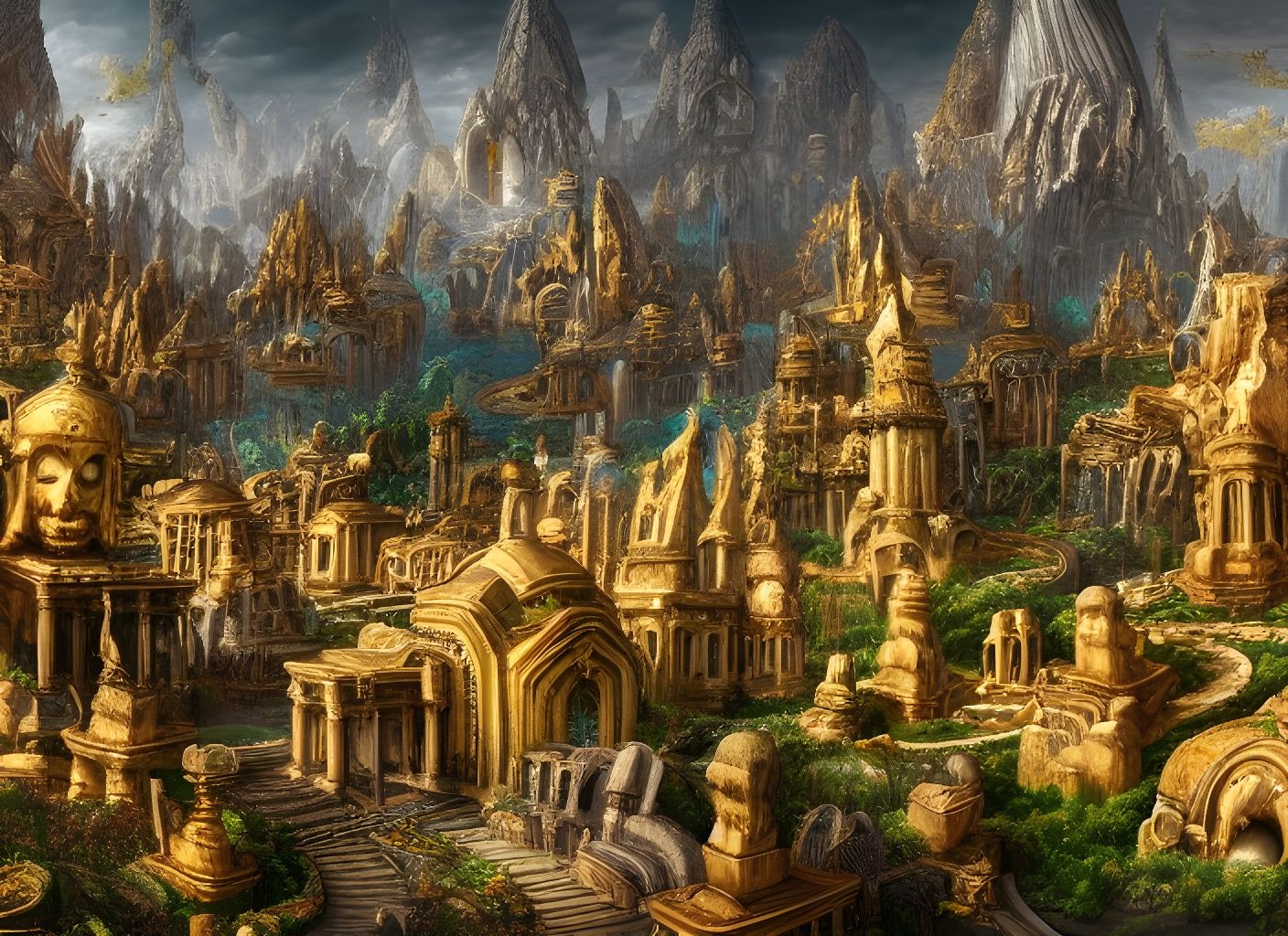 Ornate Prehistoric City with Gold Statues