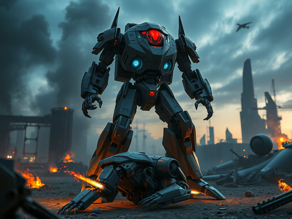 Futuristic Robot Victorious on Dystopian Battlefield