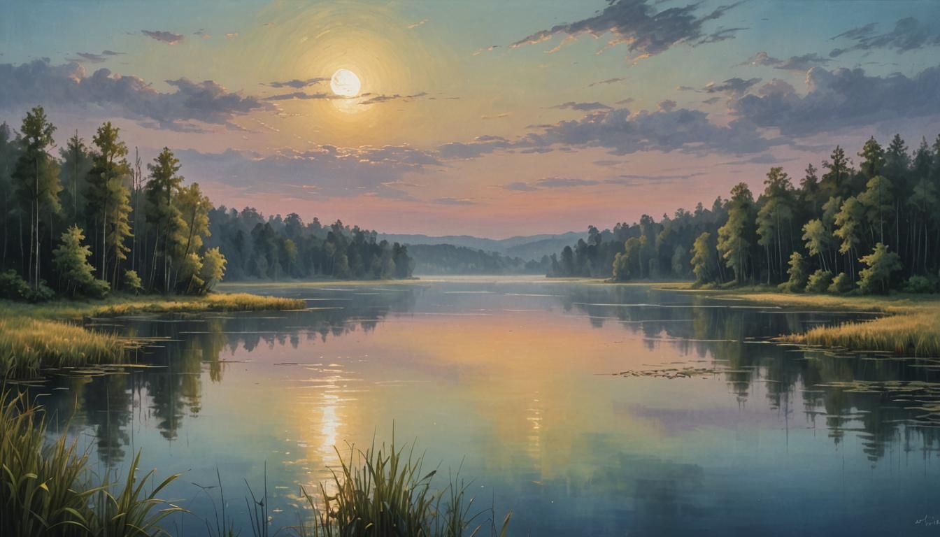 Twilight Lake and Forest Panorama in Oil Painting