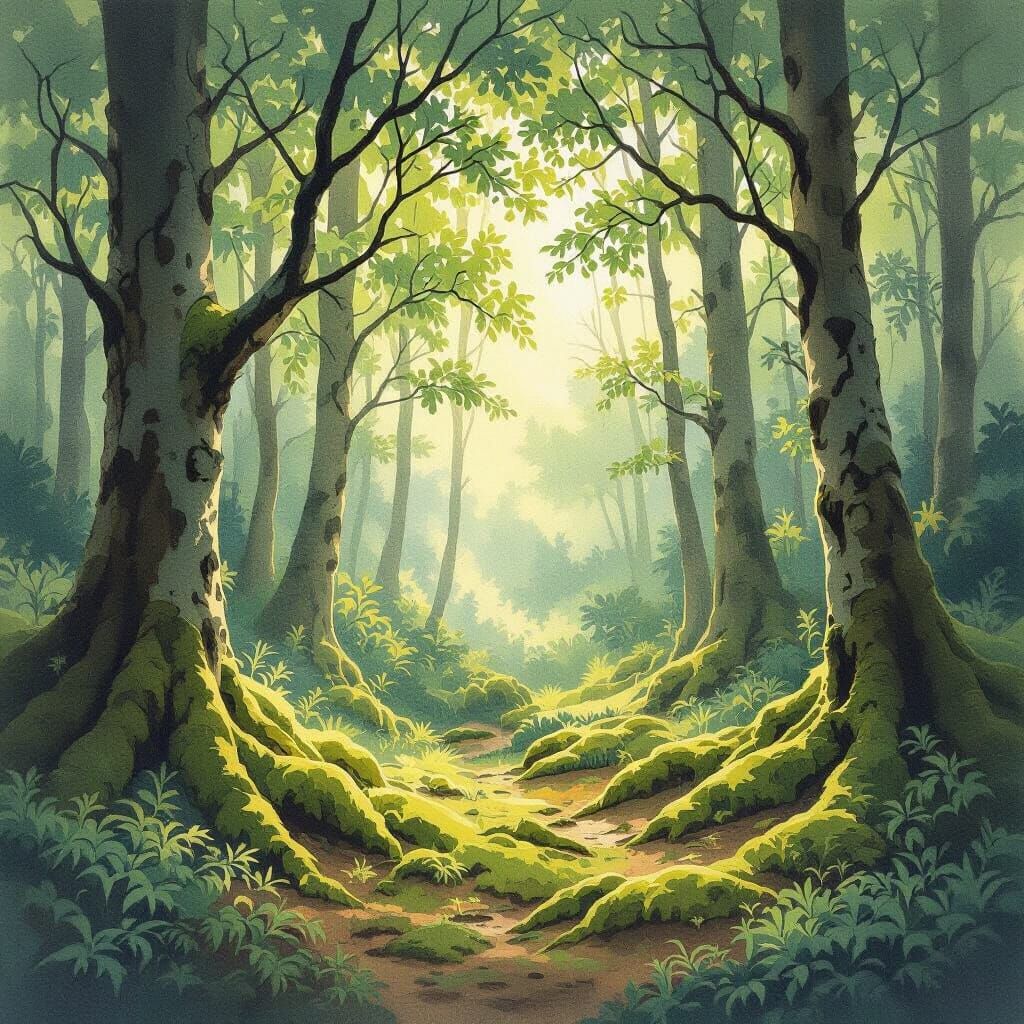 Lush Eco-Conscious Forest in Watercolor Style