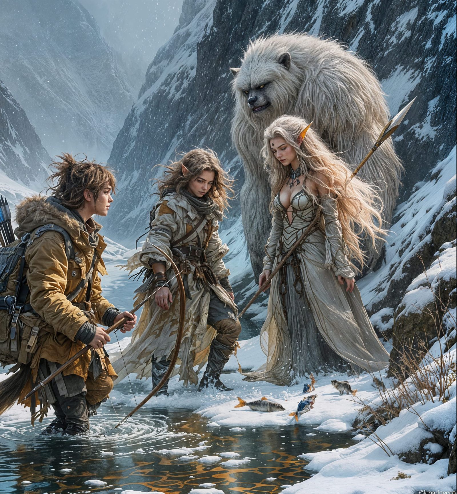 Fantasy Traveler and Wolf in Snowy Mountain Landscape