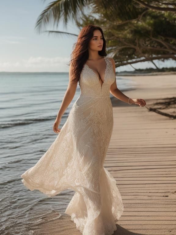 Beautiful Woman in Lace Dress on Paradise Shore