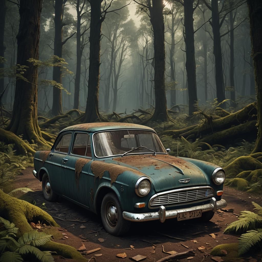 1960 Ford Anglia in Dark Forest, Matte Painting