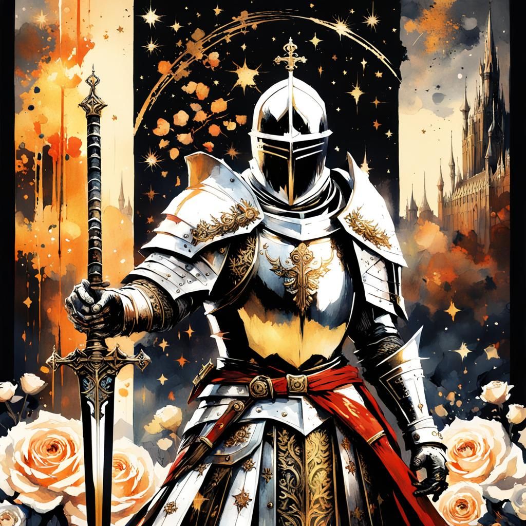 Gothic Knight with Enchanted Sword, Watercolor Art