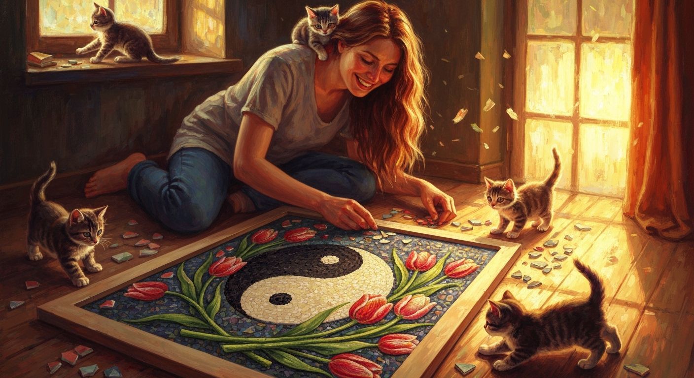 Woman Creates Mosaic with Kittens in Impressionistic Style