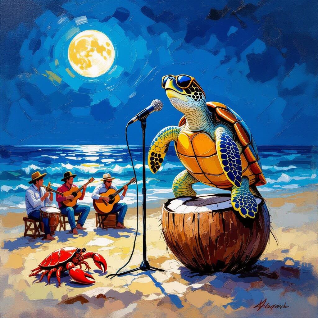 Turtle Jazz Singer on Moonlit Beach: Impasto Painting