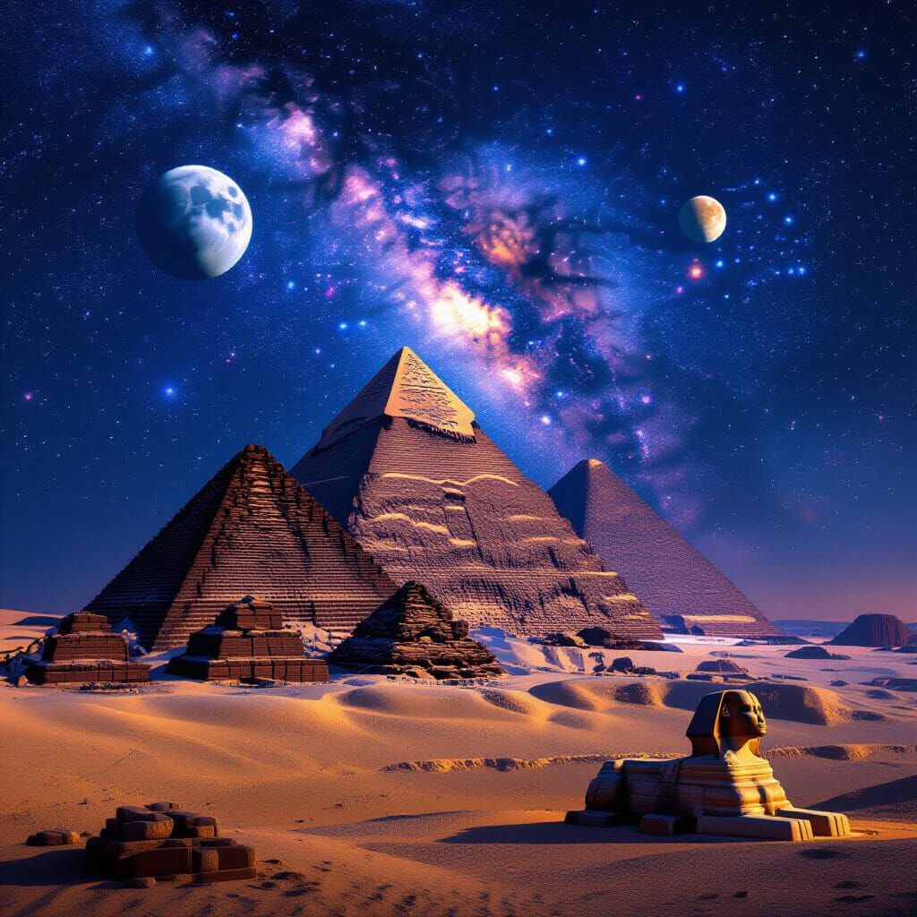 Giza Pyramids and Sphinx Under a Cosmic Night Sky