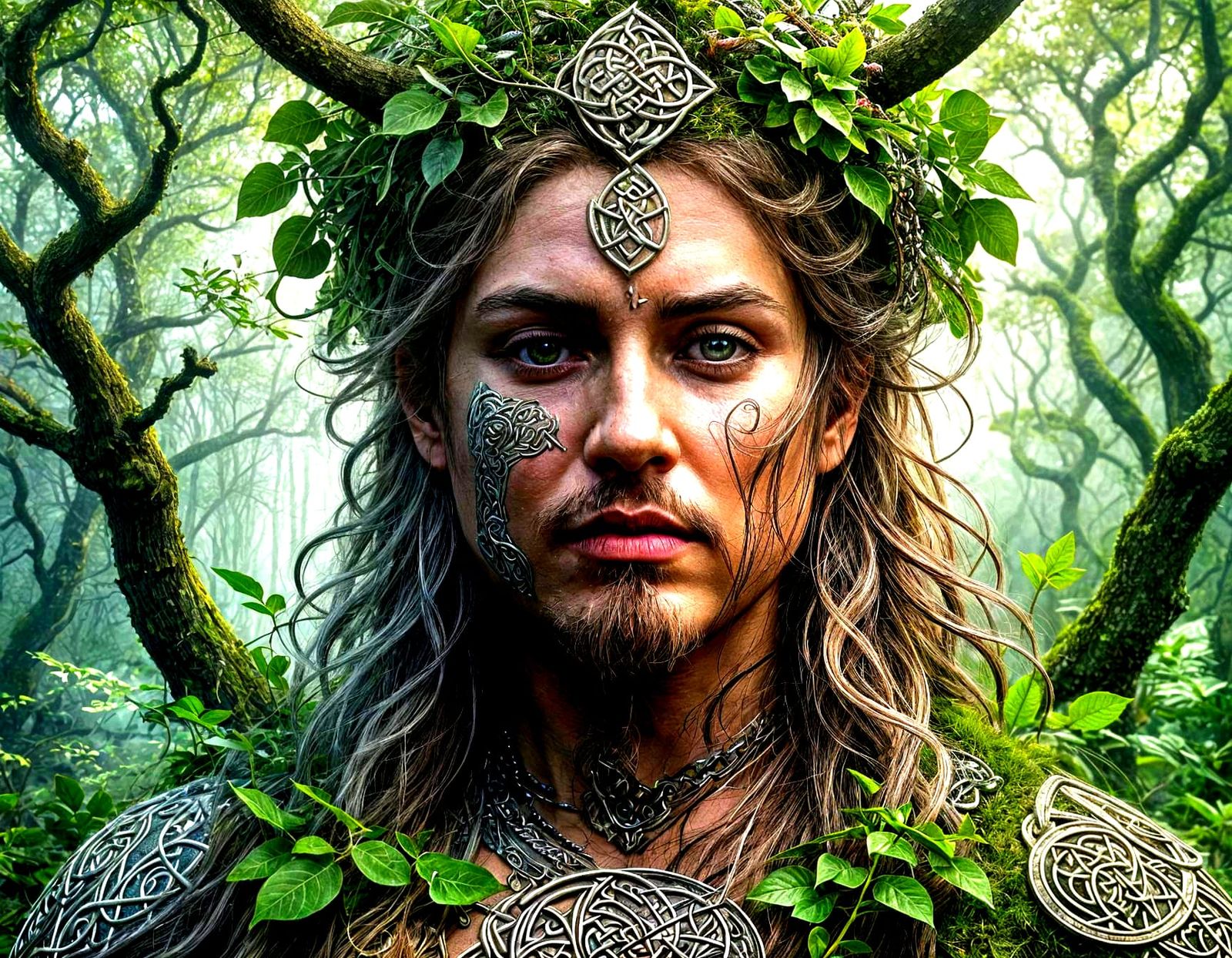 Celtic Deity Portrait in Hyperrealistic Fairytale Style