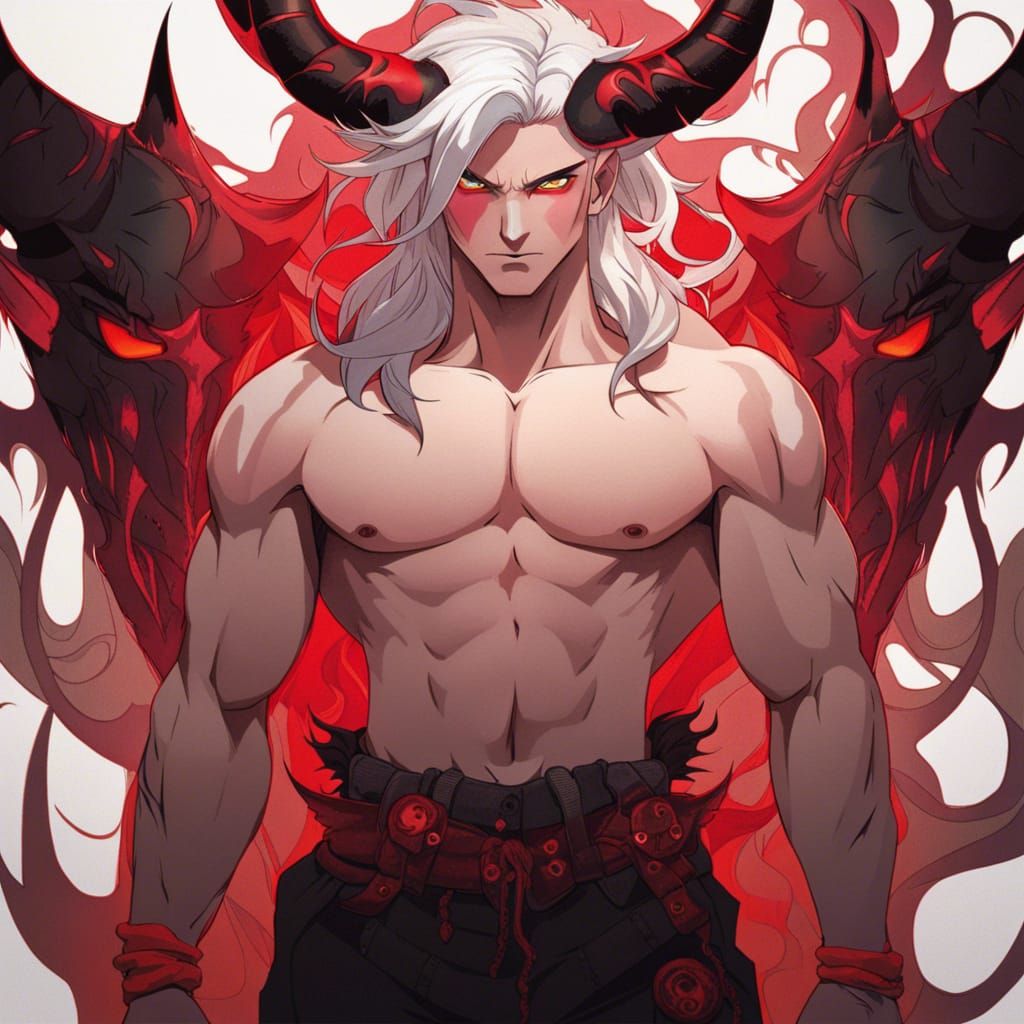 Anime Demon Boy with Red Eyes and Horns