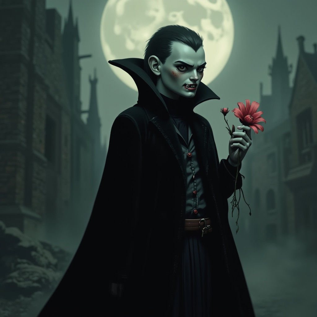 Vampire with Crimson Flower in Dark Surrealism