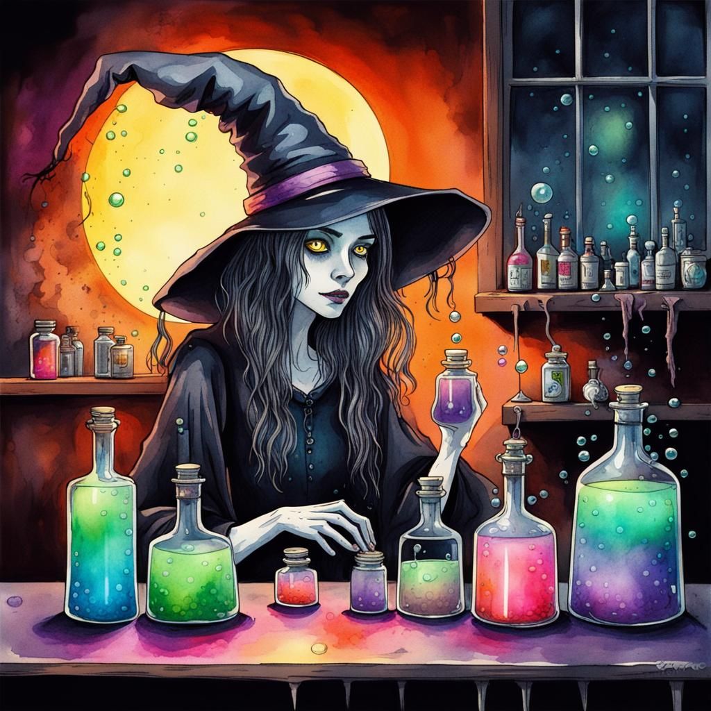 Lonely Witch Brewing Potions on Halloween, Tim Burton Style