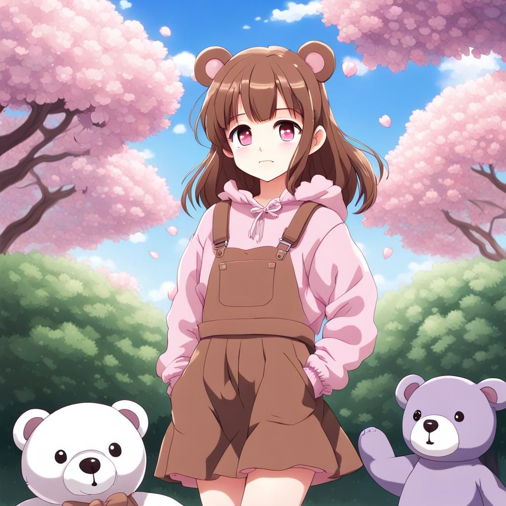 Anime Girl in Bear Sweater with Pink Petals