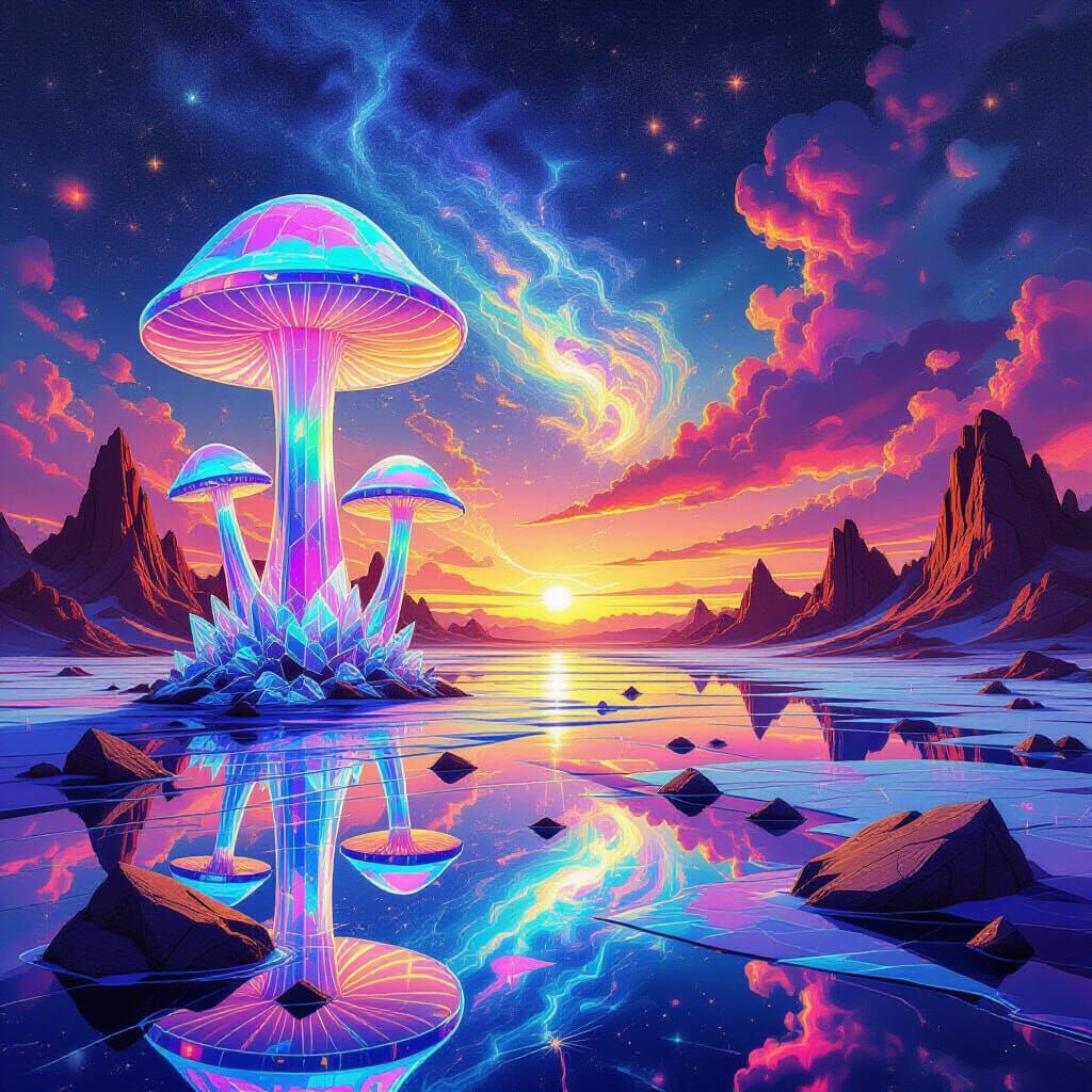 Surreal Crystalline Mushroom Desert Under Nebulae Sky