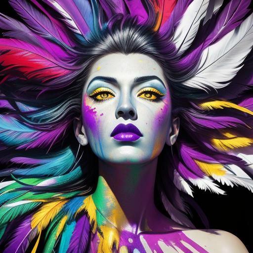 Pop Art Portrait of Woman with Feathers