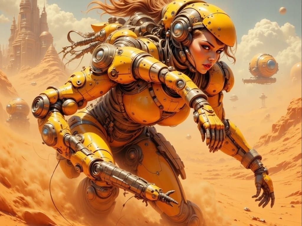 Cyborg Woman in Martian Sandstorm, Retro-Futuristic Art