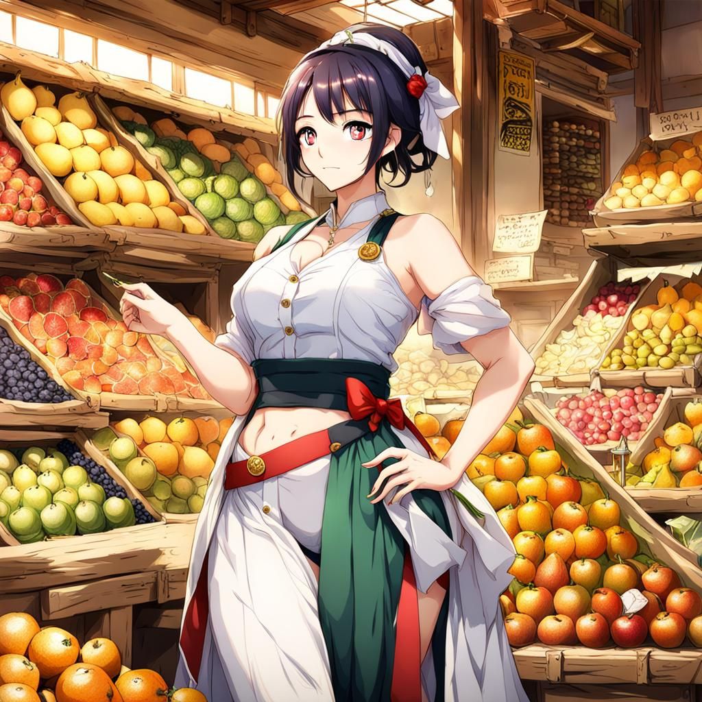 Anime Woman Fruit Merchant with Curvy Body