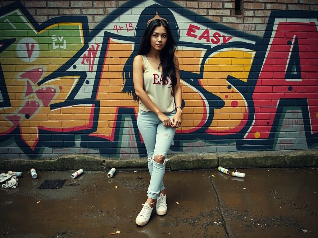 Photorealistic Graffiti Wall Scene with Woman
