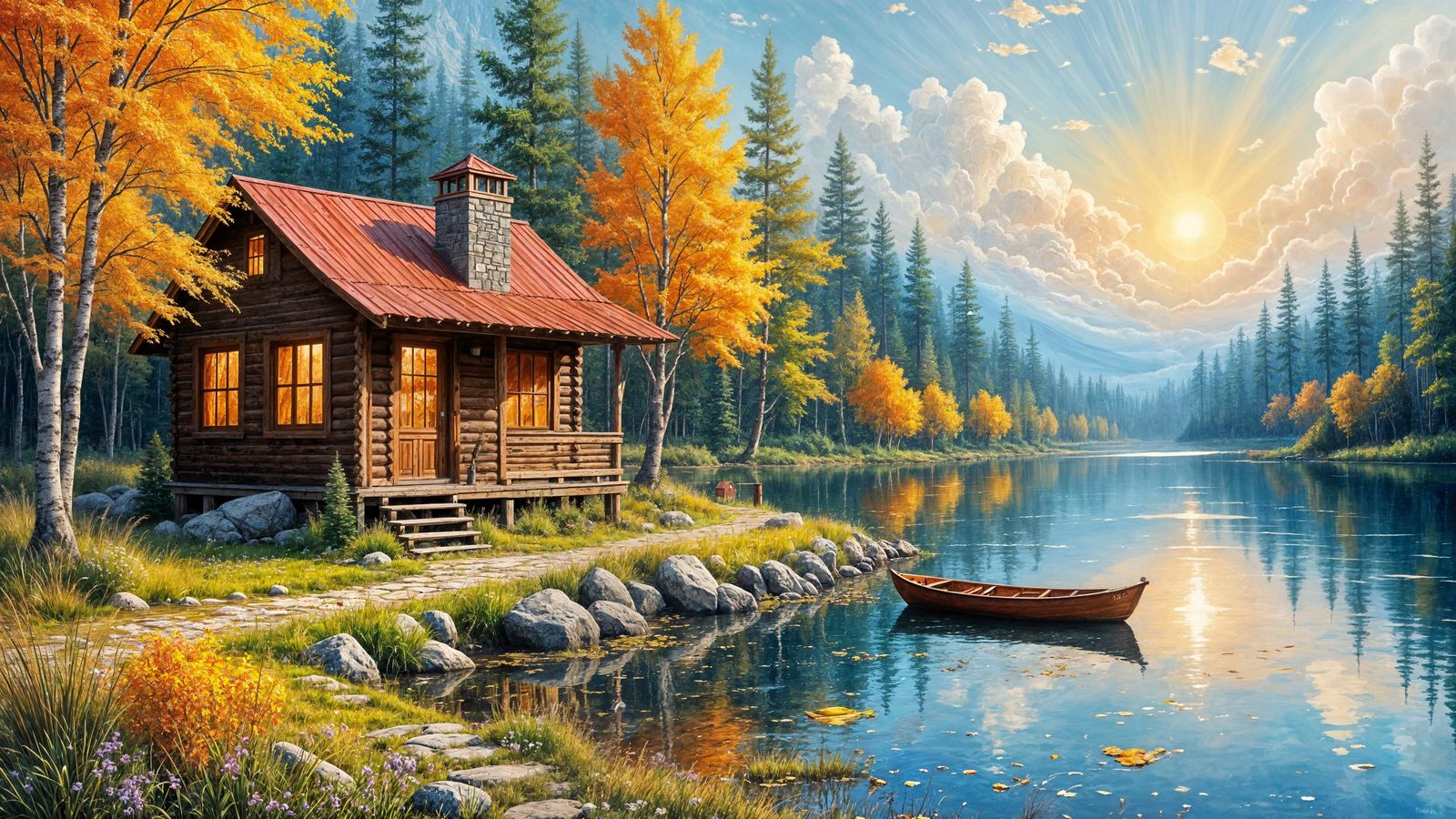 Cozy Cabin Beside Lake as Impasto Oil Painting