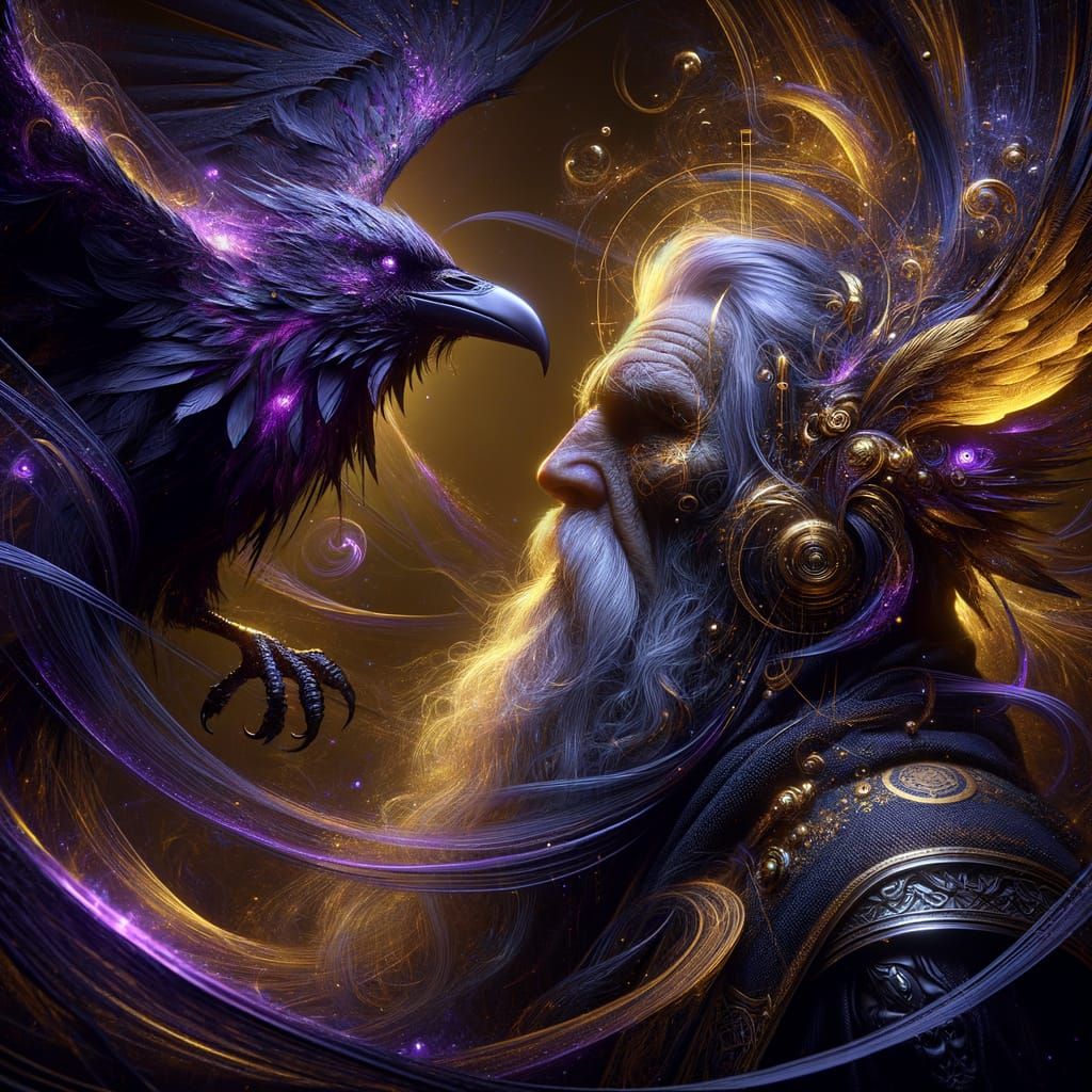 Odin's Raven Hugin Wraps Warrior's Head in Dark Fantasy Art