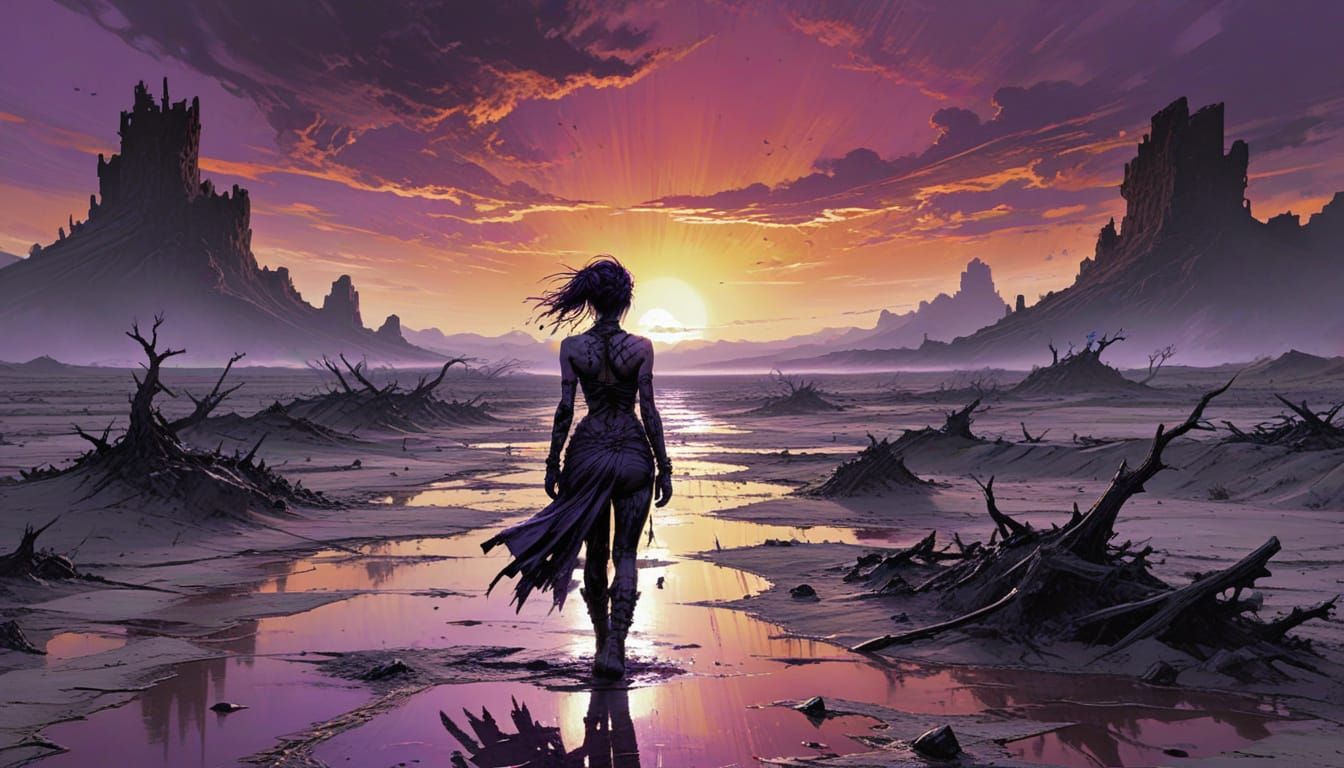 Glitchcore Wanderer in Post-Apocalyptic Sunrise