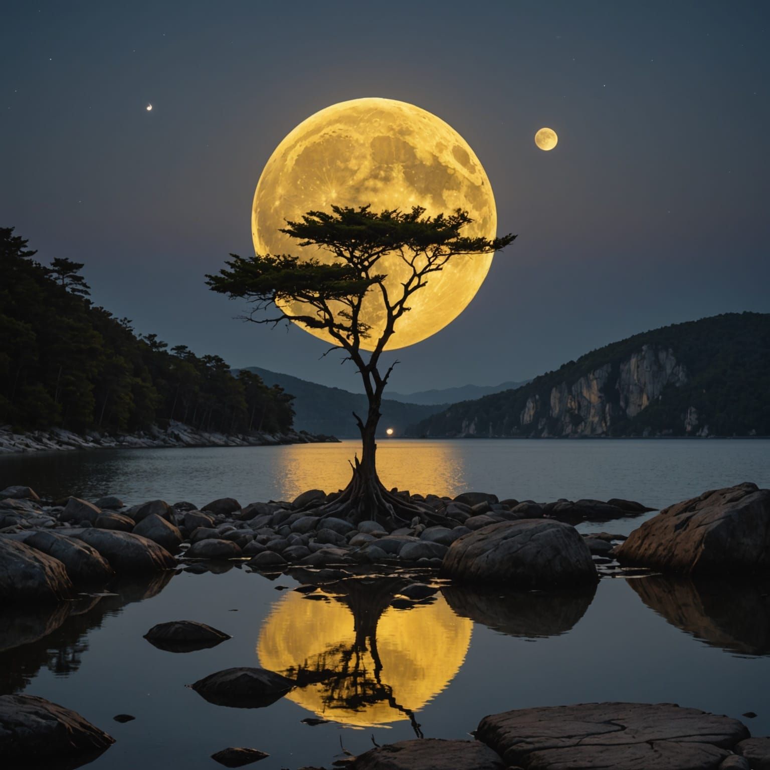 Serene Landscape Under Golden Moonlight