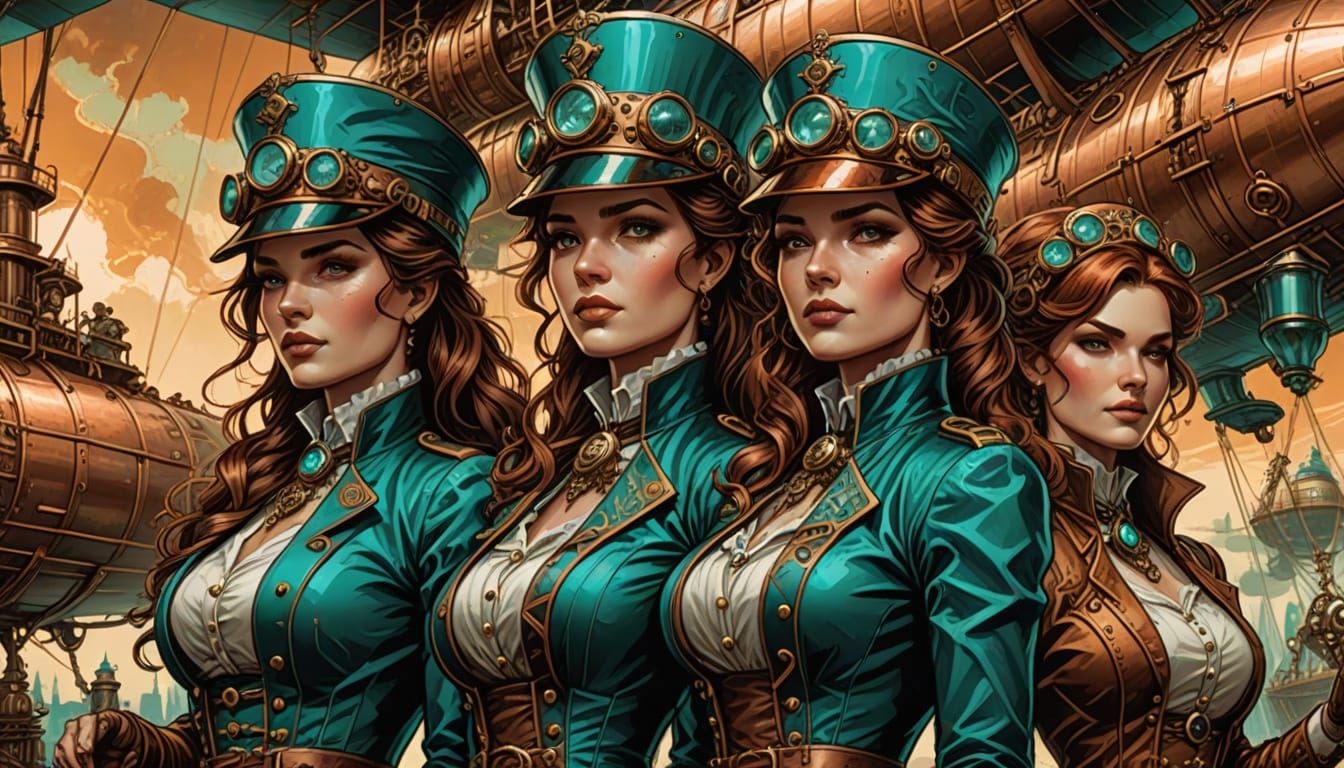 Steampunk Women Work on Airship in Comic Book Style