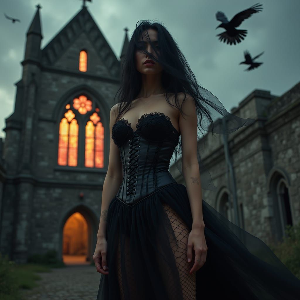 Ethereal Latin American Goddess Amidst Gothic Ruins