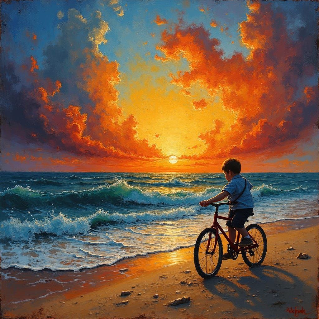 Child on Bicycle at Stormy Sunset: Impasto Painting