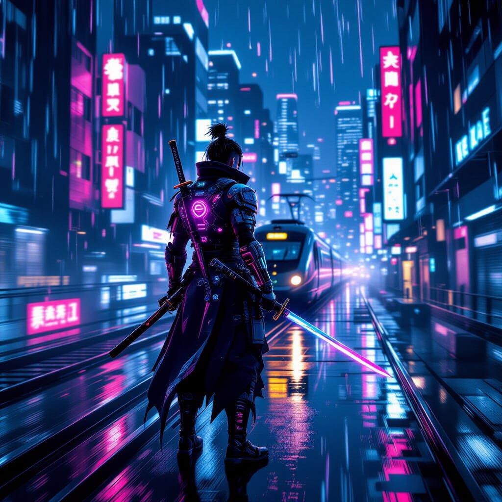Cyberpunk Samurai on Bullet Train in Neon City