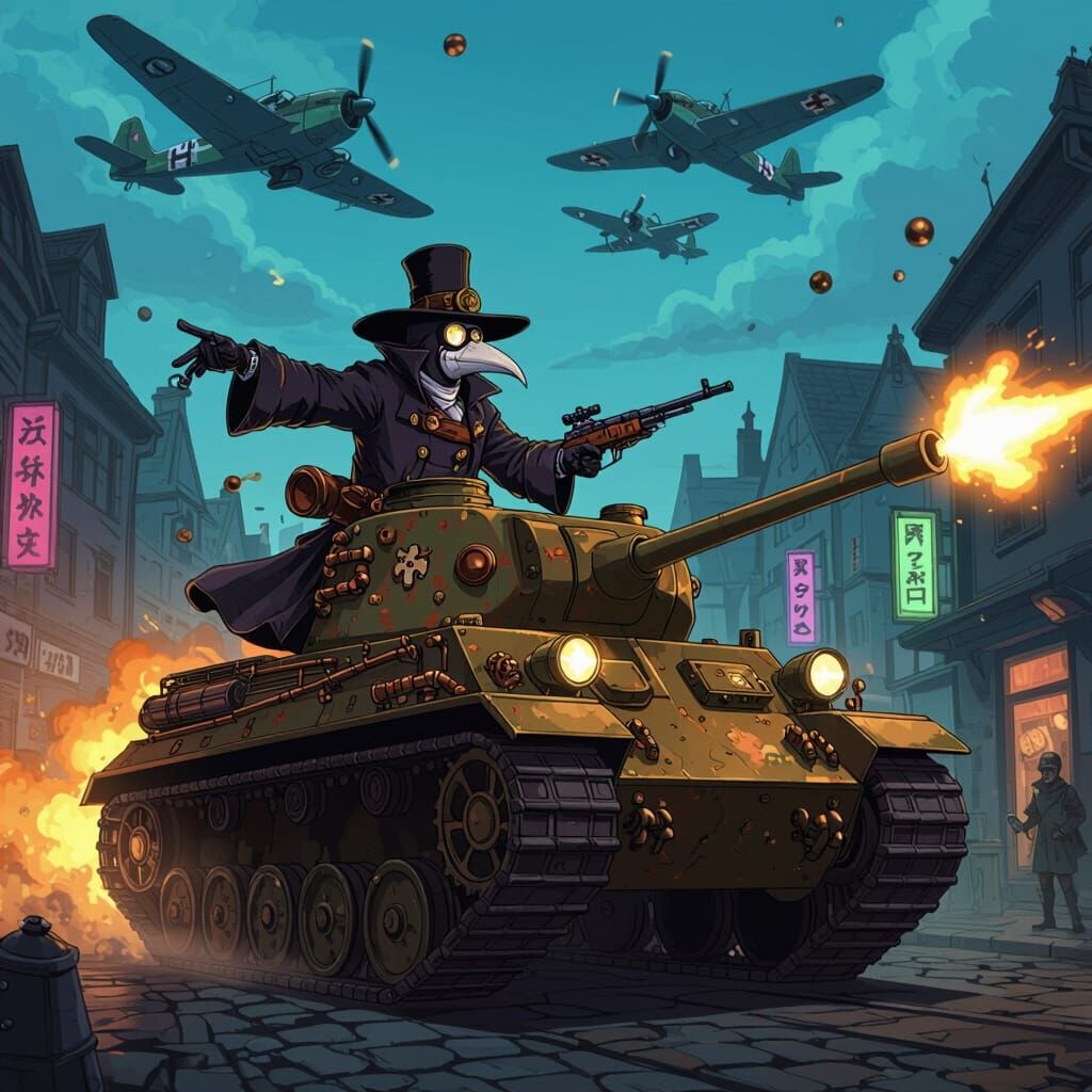 Plague Doctor Rides Steampunk Tank in Anime Style