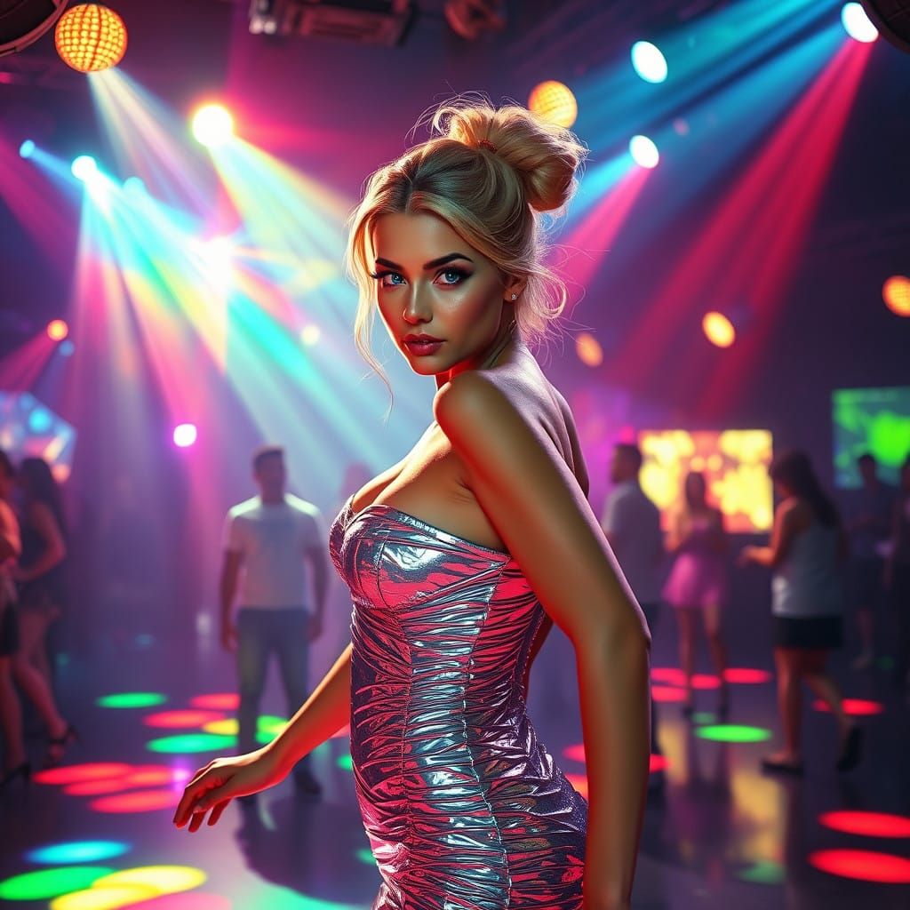 Electric Queen Reigns on Vibrant Dance Floor in Dazzling Cyb...