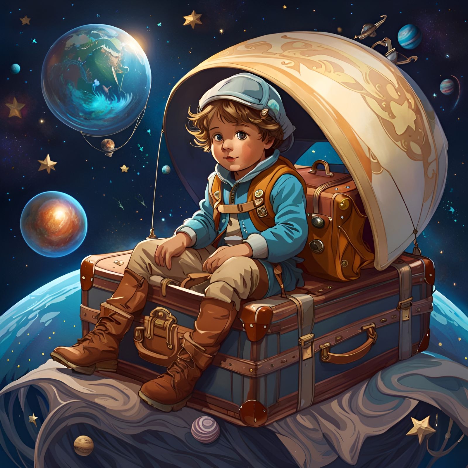 Child's Space Adventure as Splash Art Storybook Illustration
